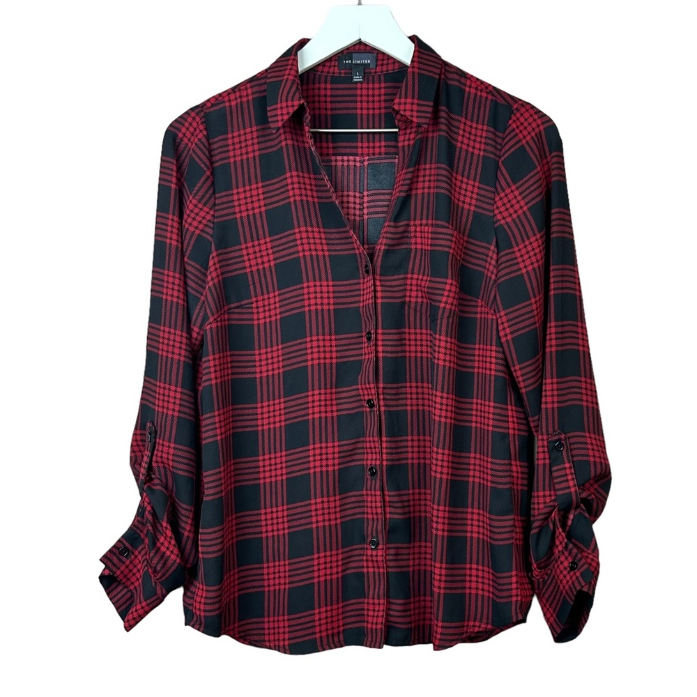 The Limited Red Black Plaid Button Down Blouse Women Sz S